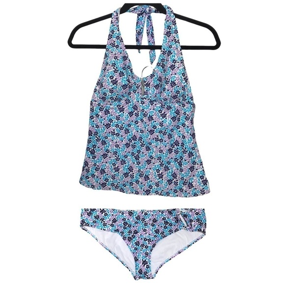Old Navy White Blue Purple Ditsy Floral Halter Bikini 2 Piece Swimsuit Medium - Picture 1 of 12